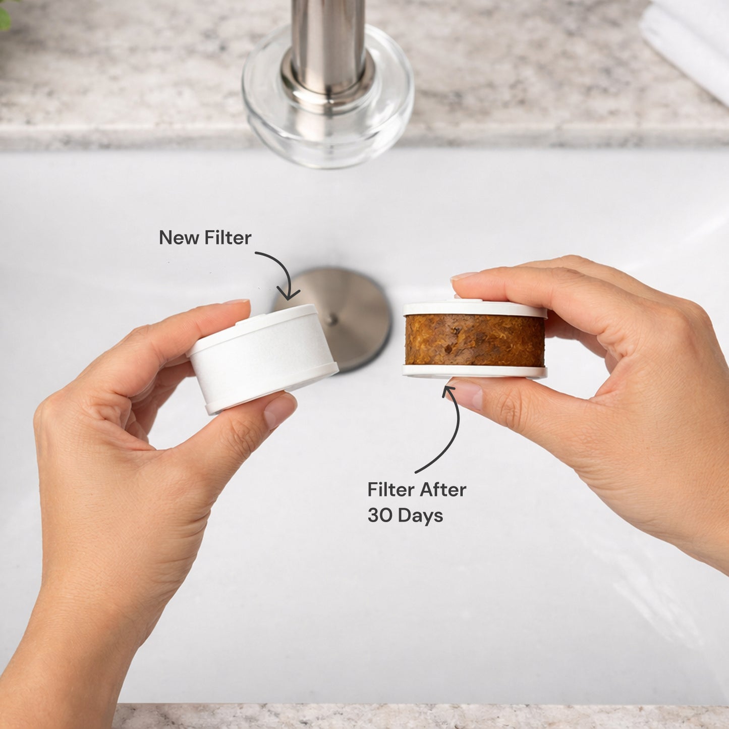Hands holding a new filter and a used filter labeled 'Filter After 30 Days' above a faucet.
